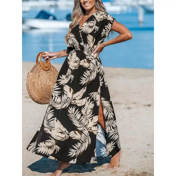 imageCUPSHE Womens Plunging V Neck Dress Tropical Leaves Print Dresses Short Sleeve Split Hem Maxi DressBlack