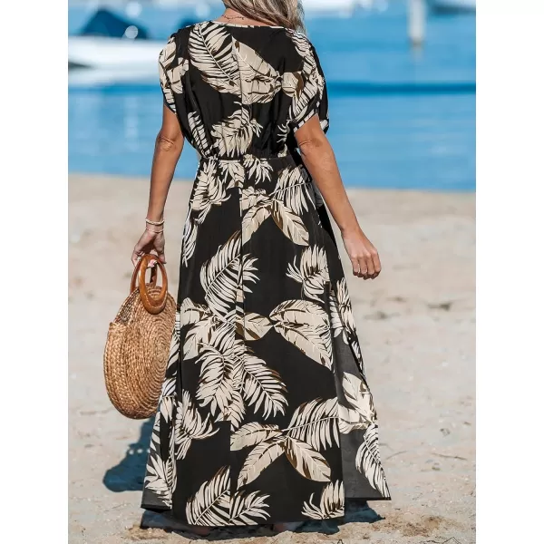 imageCUPSHE Womens Plunging V Neck Dress Tropical Leaves Print Dresses Short Sleeve Split Hem Maxi DressBlack