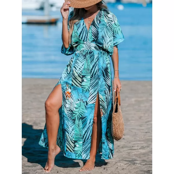 imageCUPSHE Womens Plunging V Neck Dress Tropical Leaves Print Dresses Short Sleeve Split Hem Maxi DressBlue