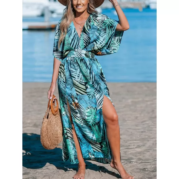 imageCUPSHE Womens Plunging V Neck Dress Tropical Leaves Print Dresses Short Sleeve Split Hem Maxi DressBlue