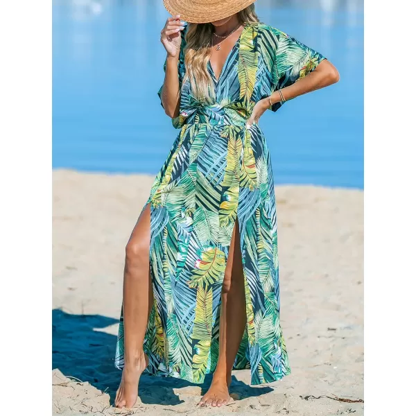 imageCUPSHE Womens Plunging V Neck Dress Tropical Leaves Print Dresses Short Sleeve Split Hem Maxi DressTropical Green
