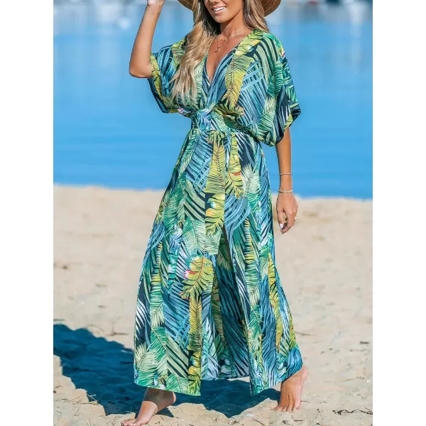 imageCUPSHE Womens Plunging V Neck Dress Tropical Leaves Print Dresses Short Sleeve Split Hem Maxi DressTropical Green