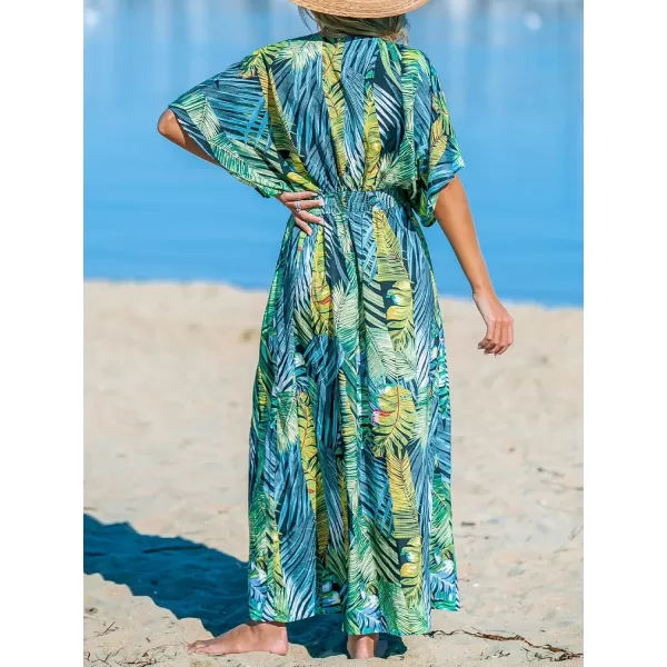 imageCUPSHE Womens Plunging V Neck Dress Tropical Leaves Print Dresses Short Sleeve Split Hem Maxi DressTropical Green