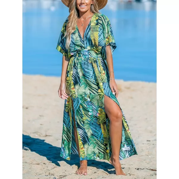 imageCUPSHE Womens Plunging V Neck Dress Tropical Leaves Print Dresses Short Sleeve Split Hem Maxi DressTropical Green