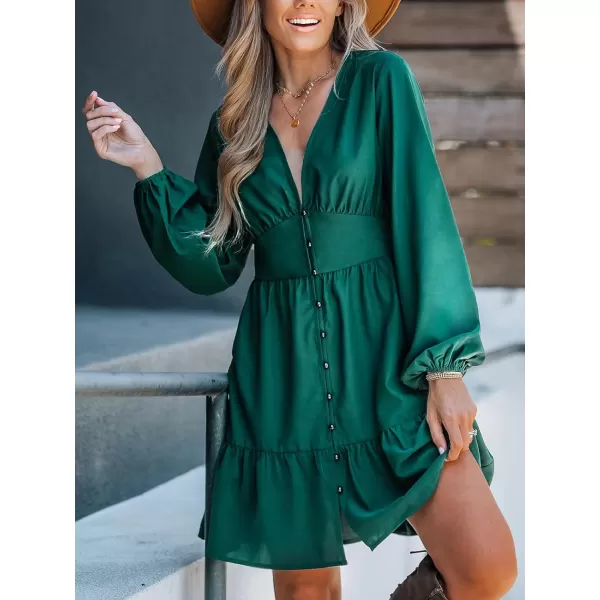 imageCUPSHE Womens Plunging V Neck Satin Long Sleeve Button Pleated Mini Dress Ruffled Hem Casual A Line Short DressGreen