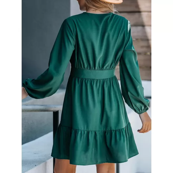imageCUPSHE Womens Plunging V Neck Satin Long Sleeve Button Pleated Mini Dress Ruffled Hem Casual A Line Short DressGreen