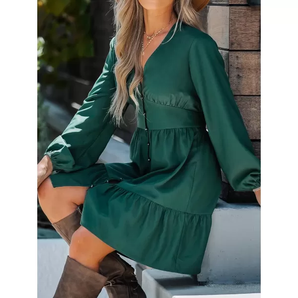 imageCUPSHE Womens Plunging V Neck Satin Long Sleeve Button Pleated Mini Dress Ruffled Hem Casual A Line Short DressGreen