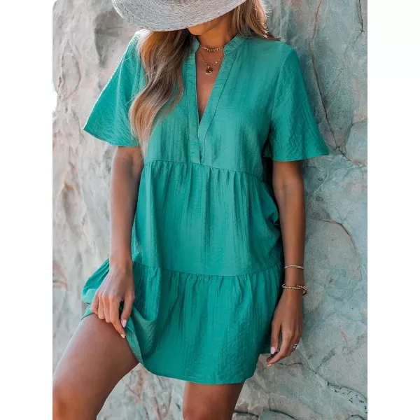 imageCUPSHE Womens Plunging V Neck Tiered Hem Short Dress A Line Short Sleeveless Mini DressGreen