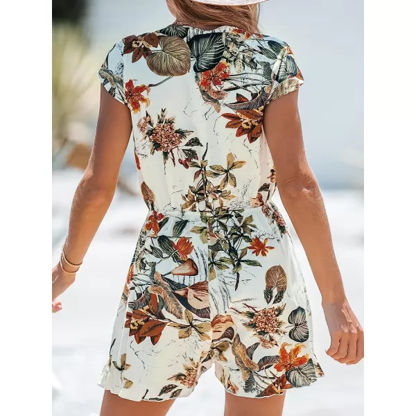 imageCUPSHE Womens Plunging V Neck Tropical Leaf Print Knotted Short Romper Elastic Waist Summer Casual Overalls Mini JumpsuitWhite Leaf