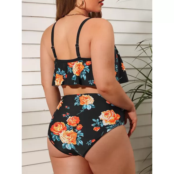 imageCUPSHE Womens Plus Size Bikini Set Leaf Lemon Printed Ruffles SwimsuitBlack  Floral