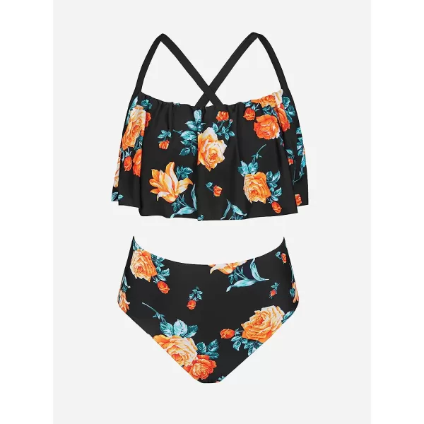 imageCUPSHE Womens Plus Size Bikini Set Leaf Lemon Printed Ruffles SwimsuitBlack  Floral