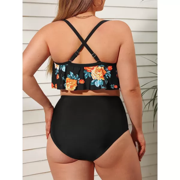 imageCUPSHE Womens Plus Size Bikini Set Leaf Lemon Printed Ruffles SwimsuitBlack  Floral