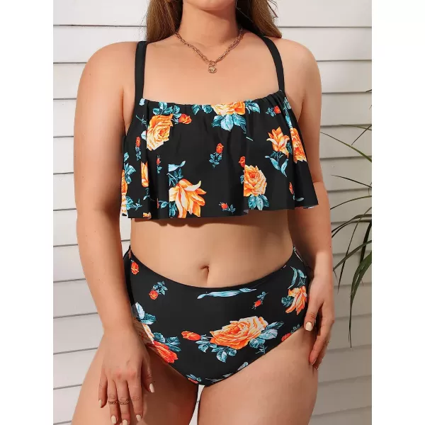 imageCUPSHE Womens Plus Size Bikini Set Leaf Lemon Printed Ruffles SwimsuitBlack  Floral