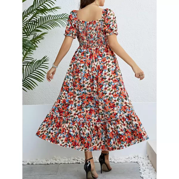 imageCUPSHE Womens Plus Size Dress 2024 Summer Bohemian Maxi Dresses Square Neck Smocked A Line Flowy Beach SundressFloral Red Orange