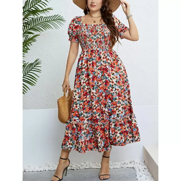 imageCUPSHE Womens Plus Size Dress 2024 Summer Bohemian Maxi Dresses Square Neck Smocked A Line Flowy Beach SundressFloral Red Orange