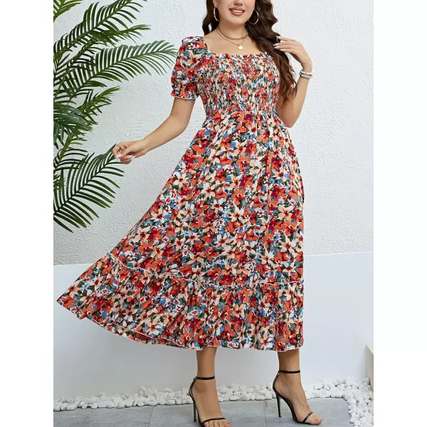 imageCUPSHE Womens Plus Size Dress 2024 Summer Bohemian Maxi Dresses Square Neck Smocked A Line Flowy Beach SundressFloral Red Orange