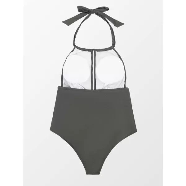imageCUPSHE Womens Plus Size One Piece Halter Neck Cutout Front Tummy Control Ruched Sides SwimsuitGreen