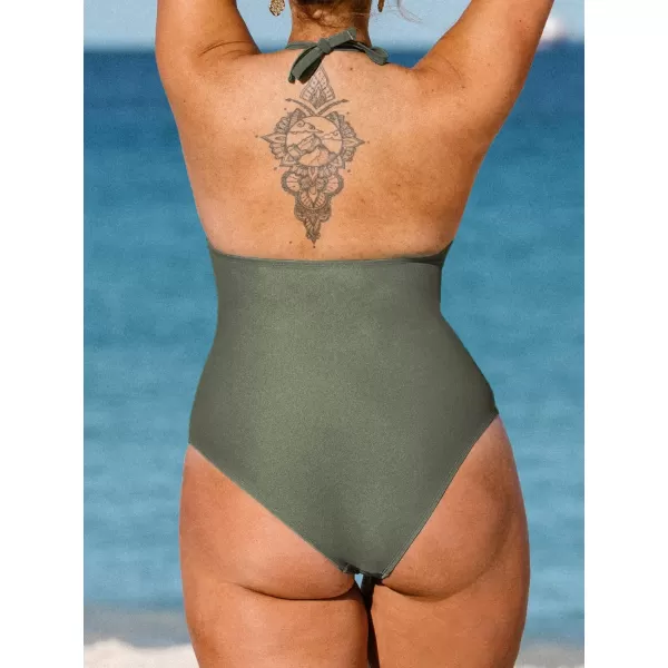 imageCUPSHE Womens Plus Size One Piece Halter Neck Cutout Front Tummy Control Ruched Sides SwimsuitGreen