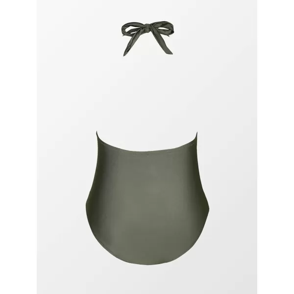 imageCUPSHE Womens Plus Size One Piece Halter Neck Cutout Front Tummy Control Ruched Sides SwimsuitGreen