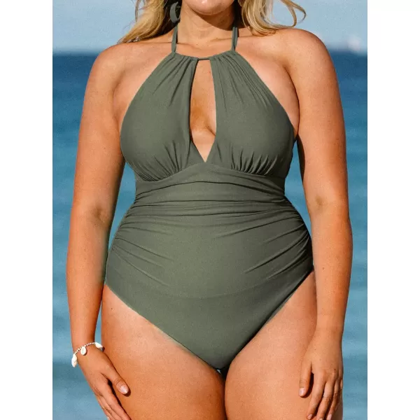 imageCUPSHE Womens Plus Size One Piece Halter Neck Cutout Front Tummy Control Ruched Sides SwimsuitGreen