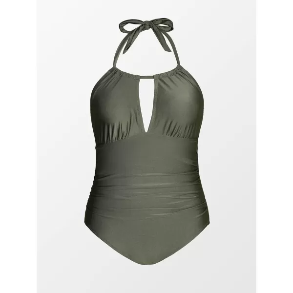 imageCUPSHE Womens Plus Size One Piece Halter Neck Cutout Front Tummy Control Ruched Sides SwimsuitGreen