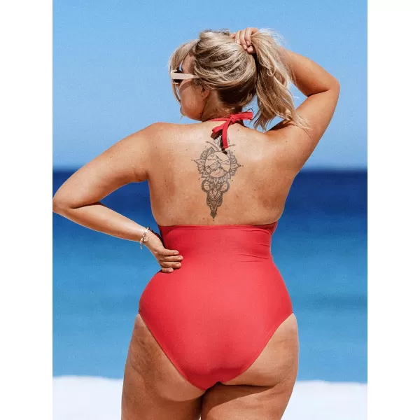imageCUPSHE Womens Plus Size One Piece Halter Neck Cutout Front Tummy Control Ruched Sides SwimsuitRed