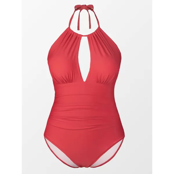 imageCUPSHE Womens Plus Size One Piece Halter Neck Cutout Front Tummy Control Ruched Sides SwimsuitRed