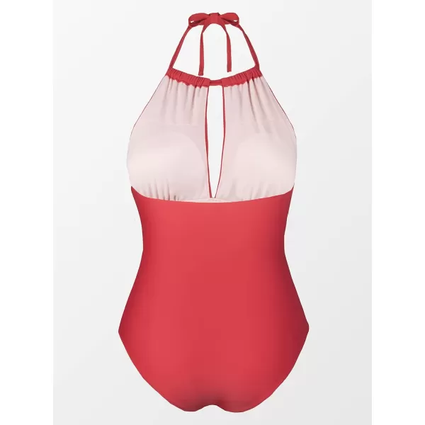 imageCUPSHE Womens Plus Size One Piece Halter Neck Cutout Front Tummy Control Ruched Sides SwimsuitRed