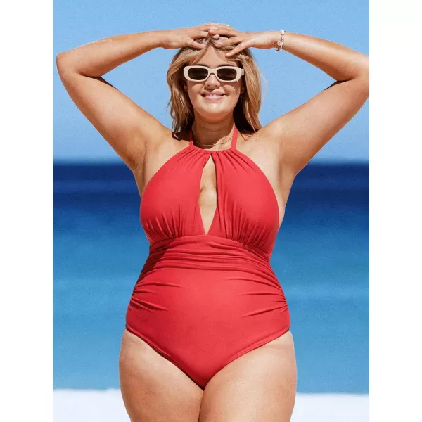imageCUPSHE Womens Plus Size One Piece Halter Neck Cutout Front Tummy Control Ruched Sides SwimsuitRed