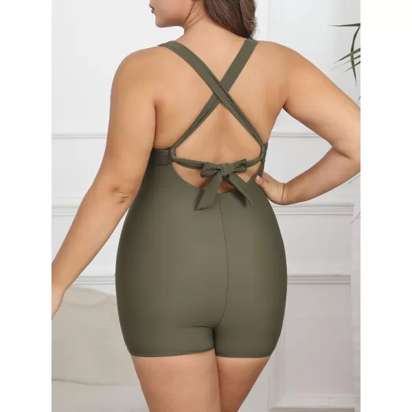 imageCUPSHE Womens Plus Size One Piece Swimsuit Tummy Control Ruched Boyleg Bathing Suit Back TieOlive Green