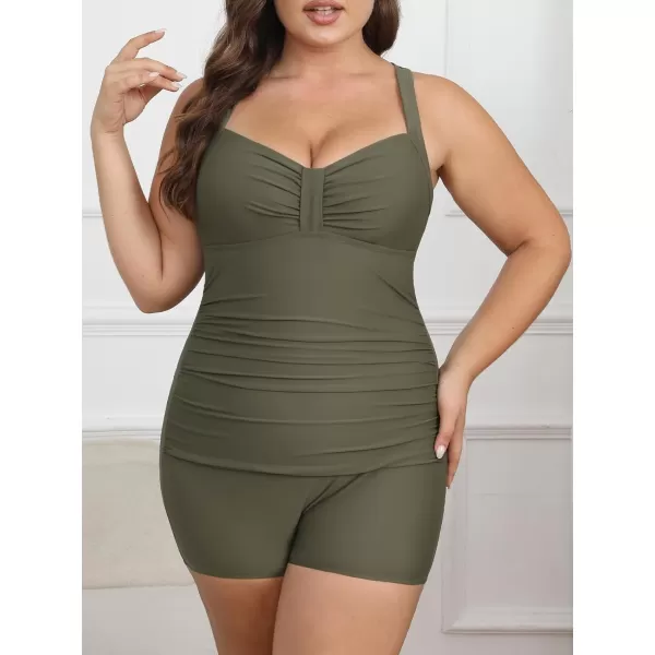 imageCUPSHE Womens Plus Size One Piece Swimsuit Tummy Control Ruched Boyleg Bathing Suit Back TieOlive Green