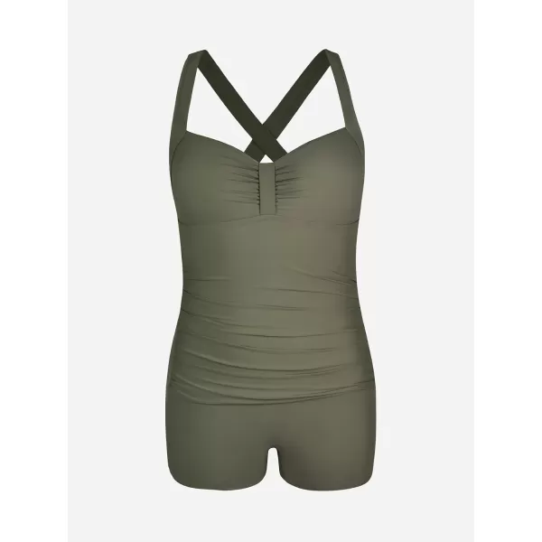 imageCUPSHE Womens Plus Size One Piece Swimsuit Tummy Control Ruched Boyleg Bathing Suit Back TieOlive Green