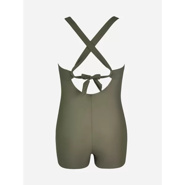 imageCUPSHE Womens Plus Size One Piece Swimsuit Tummy Control Ruched Boyleg Bathing Suit Back TieOlive Green