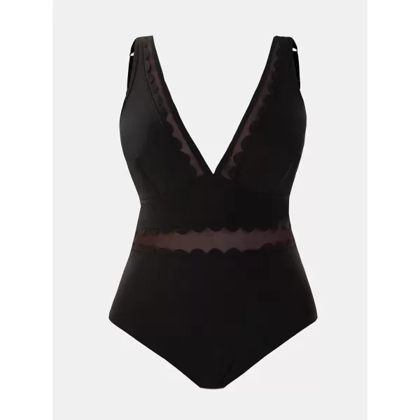 imageCUPSHE Womens Plus Size One Piece Swimsuit V Neck Mesh Scalloped Bathing Suit Adjustable StrapsBlack