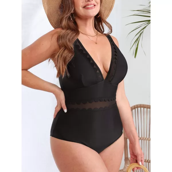 imageCUPSHE Womens Plus Size One Piece Swimsuit V Neck Mesh Scalloped Bathing Suit Adjustable StrapsBlack