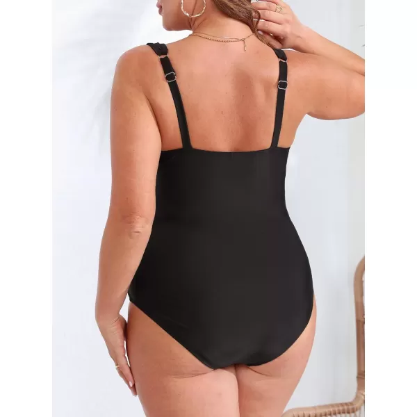 imageCUPSHE Womens Plus Size One Piece Swimsuit V Neck Mesh Scalloped Bathing Suit Adjustable StrapsBlack