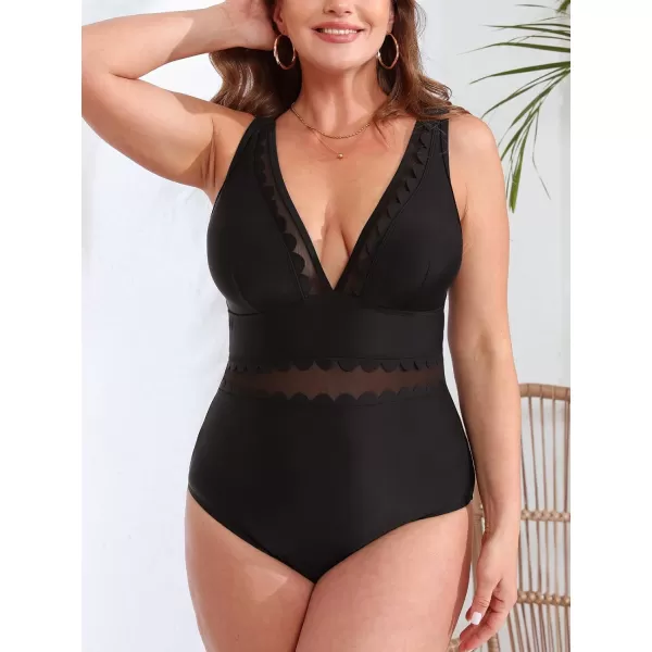 imageCUPSHE Womens Plus Size One Piece Swimsuit V Neck Mesh Scalloped Bathing Suit Adjustable StrapsBlack