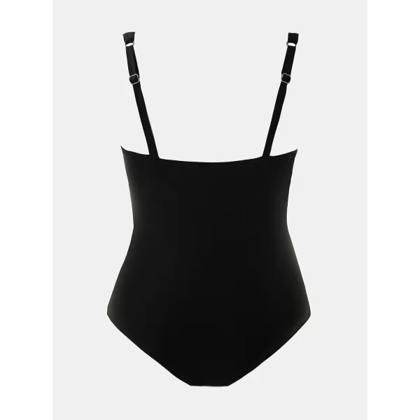 imageCUPSHE Womens Plus Size One Piece Swimsuit V Neck Mesh Scalloped Bathing Suit Adjustable StrapsBlack