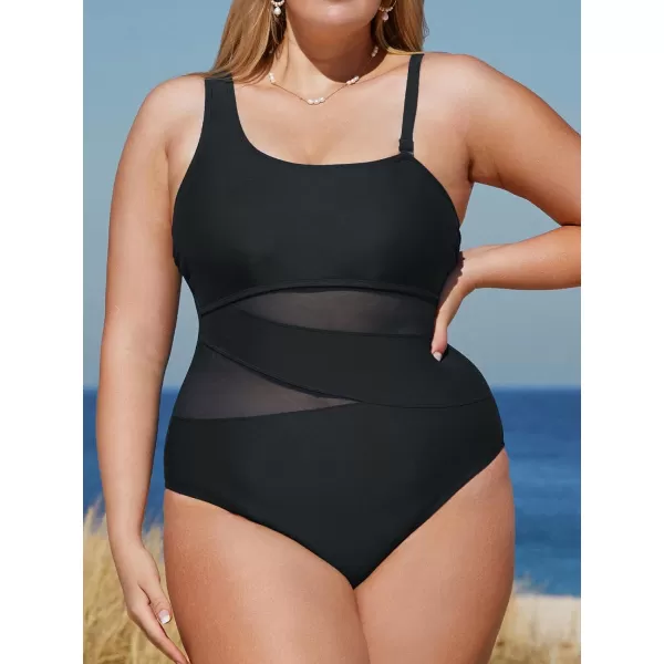 imageCUPSHE Womens Plus Size Swimsuit One Piece Bathing Suit Mesh Removable Straps SwimwearBlack