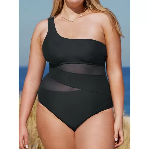 imageCUPSHE Womens Plus Size Swimsuit One Piece Bathing Suit Mesh Removable Straps SwimwearBlack