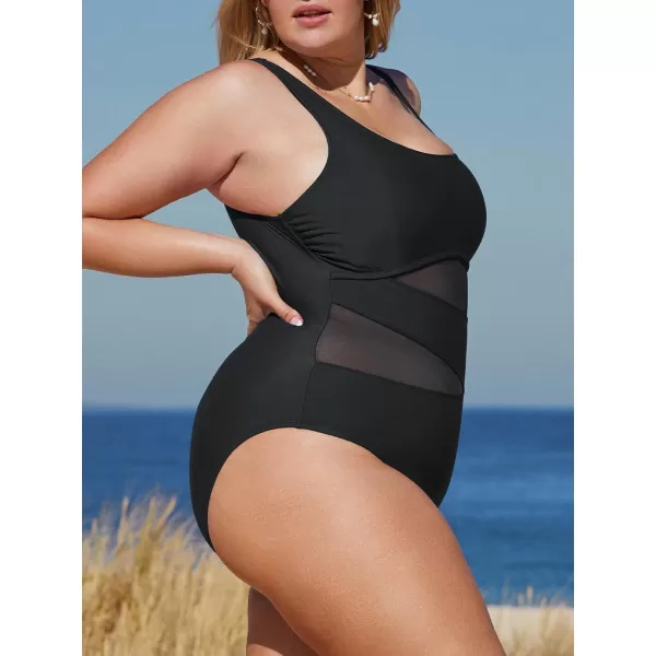 imageCUPSHE Womens Plus Size Swimsuit One Piece Bathing Suit Mesh Removable Straps SwimwearBlack