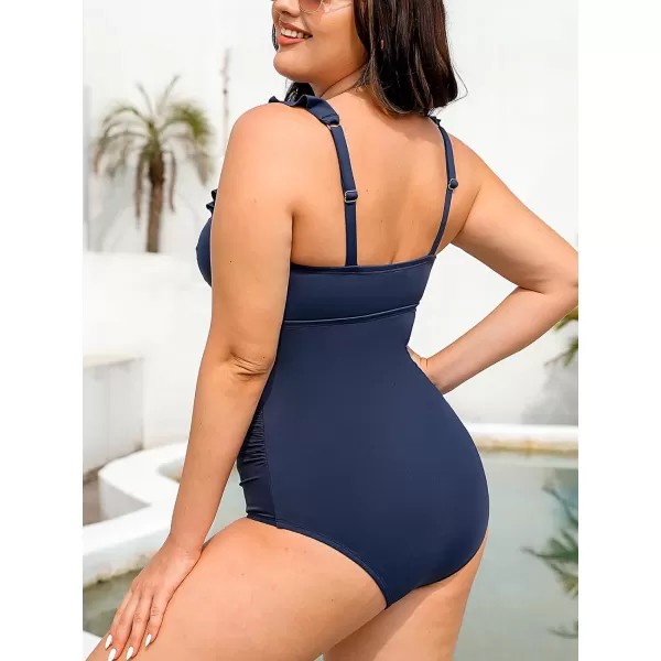 imageCUPSHE Womens Plus Size Swimsuit One Piece Bathing Suit Ruffled V Neck Ruched Tummy Control SwimwearNavy