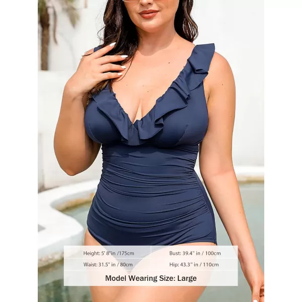 imageCUPSHE Womens Plus Size Swimsuit One Piece Bathing Suit Ruffled V Neck Ruched Tummy Control SwimwearNavy
