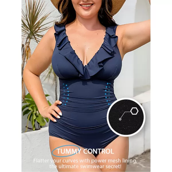 imageCUPSHE Womens Plus Size Swimsuit One Piece Bathing Suit Ruffled V Neck Ruched Tummy Control SwimwearNavy