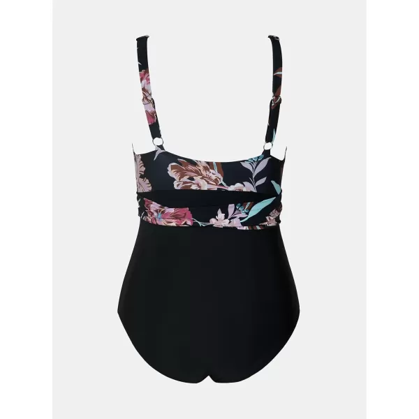 imageCUPSHE Womens Plus Size Swimsuit One Piece Bathing Suit Wrap Self Tie Retro Floral Adjustable StrapsBlack Floral