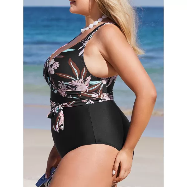 imageCUPSHE Womens Plus Size Swimsuit One Piece Bathing Suit Wrap Self Tie Retro Floral Adjustable StrapsBlack Floral