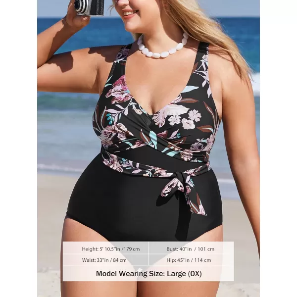 imageCUPSHE Womens Plus Size Swimsuit One Piece Bathing Suit Wrap Self Tie Retro Floral Adjustable StrapsBlack Floral