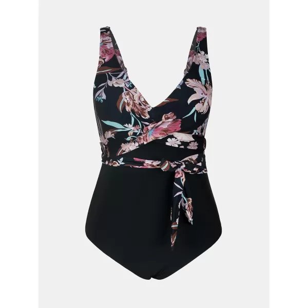imageCUPSHE Womens Plus Size Swimsuit One Piece Bathing Suit Wrap Self Tie Retro Floral Adjustable StrapsBlack Floral