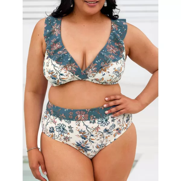 imageCUPSHE Womens Plus Size Swimsuit Two Piece Bathing Suit Banded High Waisted Laceup Paisley SwimwearFloral Paisley