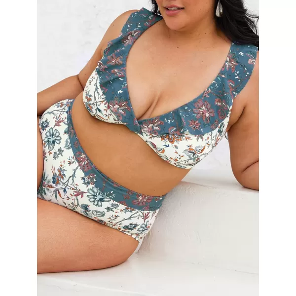 imageCUPSHE Womens Plus Size Swimsuit Two Piece Bathing Suit Banded High Waisted Laceup Paisley SwimwearFloral Paisley
